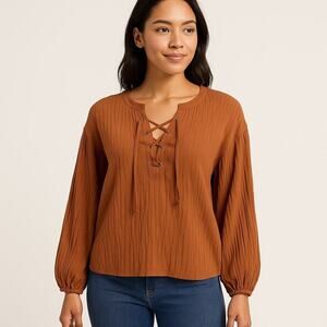 Worthington Brown Lace-Up Peasant Blouse Women’s  Large Boho Crinkle Textured